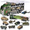 Set Camion Trailer de Jucarie pentru Transport Teno1166, seria armata, 10 masinute incluse, jeep, tanc, tir, elicopter, accesorii mobile, lansator si rampa frontala, platforma tractare, verde