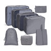 Set 8 Organizatoare Teno673, pentru calatorie, diferite marimi, 3 genti cu plasa, 1 geanta pentru lenjerie, geanta pentru cosmetice, sac pentru hainele murdare, inchidere cu fermoar dublu, plasa, gri