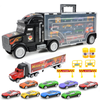Set Camion Trailer de Jucarie pentru Transport Teno1167, pentru masinute de curse, 8 masinute incluse, semne de circulatie, accesorii mobile, plastic si metal, scara 1:22, negru