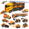 Set Camion Trailer de Jucarie pentru Transport Teno1165, seria utilaje de constructie, 11 masinute incluse, bulldozer, utilaje, tir, accesorii mobile, lansator si rampa frontala, platforma tractare, galben