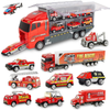 Set Camion Trailer de Jucarie pentru Transport Teno1164, seria pompieri, 10 masinute incluse, ambulanta, utilaje, tir, accesorii mobile, lansator si rampa frontala, platforma tractare, rosu