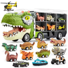 Set Camion Trailer de Jucarie pentru Transport Teno1168, T-REX, 12 vehicule incluse, masina, barca, elicopter, accesorii mobile, lansator si rampa frontala, platforma tractare, verde deschis