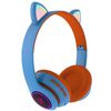 Casti Wireless Model Pisica Teno1667, overear, urechi de pisica cu iluminare RGB, bluetooth 5.0, handsfree, HiFi, bass stereo, albastru/portocaliu