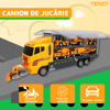 Set Camion Trailer de Jucarie pentru Transport Teno1165, seria utilaje de constructie, 11 masinute incluse, bulldozer, utilaje, tir, accesorii mobile, lansator si rampa frontala, platforma tractare, galben