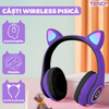 Casti Wireless Model Pisica Teno1608, B39, overear, urechi de pisica cu iluminare RGB, bluetooth 5.0, handsfree, HiFi, bass stereo, mov/negru