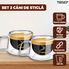 Set 2 Cani de Sticla cu Perete Dublu Teno1003, model COFFEE, design modern, termorezistente, capacitate 200 ml, 12 x 8 cm