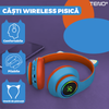 Casti Wireless Model Pisica Teno1667, overear, urechi de pisica cu iluminare RGB, bluetooth 5.0, handsfree, HiFi, bass stereo, albastru/portocaliu