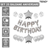 Set 25 Baloane Teno718, Litere, pentru Petreceri/Aniversari/Evenimente, confetti, stelute, model HAPPY BIRTHDAY, argintiu