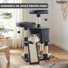 Ansamblu de Joaca pentru Pisici Teno630, tip turn, 2 platforme de observatie, 3 niveluri, 1 casuta, scara, franghie si mingiute de joaca, stalpi pentru zgariat, captuseala extra moale, structura stabila, 115 cm, gri inchis