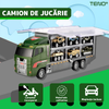 Set Camion Trailer de Jucarie pentru Transport Teno1166, seria armata, 10 masinute incluse, jeep, tanc, tir, elicopter, accesorii mobile, lansator si rampa frontala, platforma tractare, verde