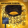 Instalatie de Craciun Liniara cu Panou Solar Teno413, 100 LED-uri, 8 jocuri de lumini, alimentare la priza, fir verde, interior/exterior, rezistenta la apa, 10 m, alb cald