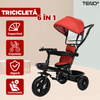 Tricicleta pentru Copii 6 in 1 Teno1582, aparatoare de siguranta, copertina retractabila, pernuta pentru cap, cosuri de depozitare frontal si dorsal, protectie raze UV, suport de picioare, pedale, greutate maxima 25 kg, rosu