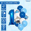 Set 12 Baloane Teno1445, Cifra 1, pentru Petreceri/Aniversari/Evenimente, Stea/Rotunde/Confetti, 3 culori, latex, albastru