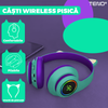 Casti Wireless Model Pisica Teno1666, overear, urechi de pisica cu iluminare RGB, bluetooth 5.0, handsfree, HiFi, bass stereo, menta/mov