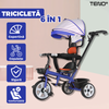 Tricicleta pentru Copii 6 in 1 Teno1574, pozitie de somn, aparatoare de siguranta, copertina retractabila, maner cu suport de bauturi, cosuri de depozitare frontal si dorsal, protectie raze UV, suport de picioare, pedale, greutate maxima 25 kg, albastru