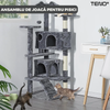Ansamblu de Joaca pentru Pisici Teno629, tip turn, 3 platforme de observatie, 6 niveluri, 2 casute, scara, franghie si mingiuta de joaca, stalpi pentru zgariat, captuseala extra moale, structura stabila, 138.5 cm, gri inchis