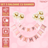 Set 5 Baloane cu Banner Teno1061, Confetti, pentru Petreceri/Aniversari/Evenimente, model HAPPY BIRTHDAY, roz