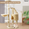 Ansamblu de Joaca pentru Pisici Teno632, tip turn, 1 platforma de observatie, 4 niveluri, 1 casuta, scara, franghie si mingiute de joaca, stalpi pentru zgariat, captuseala extra moale, structura stabila, 118 cm, bej
