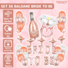 Set 36 Baloane Teno749, Litere, pentru Petreceri/Aniversari/Evenimente, sticla de sampanie, inel de logodna, mai multe dimensiuni, metalizate, folie, model BRIDE TO BE, rose gold