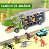 Set Camion Trailer de Jucarie pentru Transport Teno1168, T-REX, 12 vehicule incluse, masina, barca, elicopter, accesorii mobile, lansator si rampa frontala, platforma tractare, verde deschis