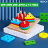 Jucarie Sortator Pentru Copii Teno597, 16 piese din lemn natural ecologic, vopsea non-toxica, puzzle, forme geometrice, 4 coloane de sortare a culorii, multicolor