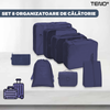 Set 8 Organizatoare Teno672, pentru calatorie, diferite marimi, 3 genti cu plasa, 1 geanta pentru lenjerie, geanta pentru cosmetice, sac pentru hainele murdare, inchidere cu fermoar dublu, plasa, albastru inchis