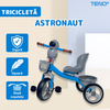 Tricicleta Astronaut Teno1609, siguranta ridicata, 2 cosulete, frontal si dorsal, figurina astronaut, scaunel comod, rezistenta crescuta, pedale confortabile, gri/albastru