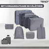 Set 8 Organizatoare Teno673, pentru calatorie, diferite marimi, 3 genti cu plasa, 1 geanta pentru lenjerie, geanta pentru cosmetice, sac pentru hainele murdare, inchidere cu fermoar dublu, plasa, gri