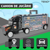 Set Camion Trailer de Jucarie pentru Transport Teno1167, pentru masinute de curse, 8 masinute incluse, semne de circulatie, accesorii mobile, plastic si metal, scara 1:22, negru