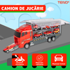 Set Camion Trailer de Jucarie pentru Transport Teno1164, seria pompieri, 10 masinute incluse, ambulanta, utilaje, tir, accesorii mobile, lansator si rampa frontala, platforma tractare, rosu