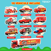 Set Camion Trailer de Jucarie pentru Transport Teno1164, seria pompieri, 10 masinute incluse, ambulanta, utilaje, tir, accesorii mobile, lansator si rampa frontala, platforma tractare, rosu