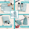 Set 6 Organizatoare Teno1239, pentru calatorie, diferite marimi, bagaj de voiaj, valiza, troler, genti, haine, accesorii, inchidere cu fermoar dublu, plasa, turcoaz