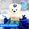 Ursulet cu Trandafiri din Sapun Teno1596, cutie in forma patrata cu buline, mesaj pe tablita din lemn ”I LOVE YOU”, 12trandafiri, fustita si cristal, albastru regal