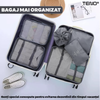 Set 8 Organizatoare Teno673, pentru calatorie, diferite marimi, 3 genti cu plasa, 1 geanta pentru lenjerie, geanta pentru cosmetice, sac pentru hainele murdare, inchidere cu fermoar dublu, plasa, gri