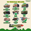 Set Camion Trailer de Jucarie pentru Transport Teno1166, seria armata, 10 masinute incluse, jeep, tanc, tir, elicopter, accesorii mobile, lansator si rampa frontala, platforma tractare, verde