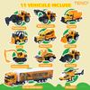 Set Camion Trailer de Jucarie pentru Transport Teno1165, seria utilaje de constructie, 11 masinute incluse, bulldozer, utilaje, tir, accesorii mobile, lansator si rampa frontala, platforma tractare, galben