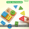 Jucarie Sortator Pentru Copii Teno597, 16 piese din lemn natural ecologic, vopsea non-toxica, puzzle, forme geometrice, 4 coloane de sortare a culorii, multicolor