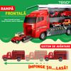 Set Camion Trailer de Jucarie pentru Transport Teno1164, seria pompieri, 10 masinute incluse, ambulanta, utilaje, tir, accesorii mobile, lansator si rampa frontala, platforma tractare, rosu