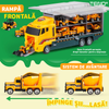 Set Camion Trailer de Jucarie pentru Transport Teno1165, seria utilaje de constructie, 11 masinute incluse, bulldozer, utilaje, tir, accesorii mobile, lansator si rampa frontala, platforma tractare, galben