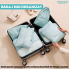 Set 6 Organizatoare Teno1239, pentru calatorie, diferite marimi, bagaj de voiaj, valiza, troler, genti, haine, accesorii, inchidere cu fermoar dublu, plasa, turcoaz