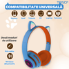 Casti Wireless Model Pisica Teno1667, overear, urechi de pisica cu iluminare RGB, bluetooth 5.0, handsfree, HiFi, bass stereo, albastru/portocaliu