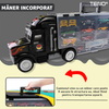 Set Camion Trailer de Jucarie pentru Transport Teno1167, pentru masinute de curse, 8 masinute incluse, semne de circulatie, accesorii mobile, plastic si metal, scara 1:22, negru