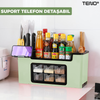 Organizator Multifunctional pentru Bucatarie Teno683, 6 Compartimente, raft condimente, suport detasabil telefon, tavita de scurgere, suport tacamuri/ustensile, verde deschis