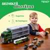Set Camion Trailer de Jucarie pentru Transport Teno1166, seria armata, 10 masinute incluse, jeep, tanc, tir, elicopter, accesorii mobile, lansator si rampa frontala, platforma tractare, verde