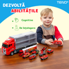 Set Camion Trailer de Jucarie pentru Transport Teno1164, seria pompieri, 10 masinute incluse, ambulanta, utilaje, tir, accesorii mobile, lansator si rampa frontala, platforma tractare, rosu