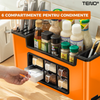 Organizator Multifunctional pentru Bucatarie Teno601, 6 Compartimente, raft condimente, suport detasabil telefon, tavita de scurgere, suport tacamuri/ustensile, portocaliu