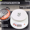 Cantar Electronic de Bucatarie Teno646, bol inclus, capacitate maxima 5 kg, acuratete 1 g, afisaj digital, resetare la pornire, 3 unitati de masura, functionare cu baterii 2 x AA, alb