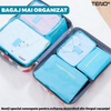 Set 6 Organizatoare Teno670, pentru calatorie, diferite marimi, bagaj de voiaj, valiza, troler, genti, haine, accesorii, inchidere cu fermoar dublu, plasa, albastru deschis