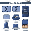 Set 8 Organizatoare Teno672, pentru calatorie, diferite marimi, 3 genti cu plasa, 1 geanta pentru lenjerie, geanta pentru cosmetice, sac pentru hainele murdare, inchidere cu fermoar dublu, plasa, albastru inchis