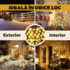 Instalatie de Craciun Liniara cu Panou Solar Teno1458, 20 m, 8 jocuri de lumini, alimentare la priza, fir verde, interior/exterior, rezistenta la apa, 200 LED-uri, alb cald